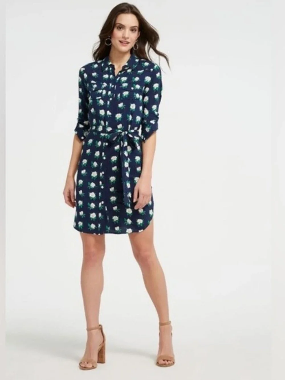 Draper James Magnolia Navy Blue Floral Long-Sleeve Shirt Dress - Picture 2 of 10